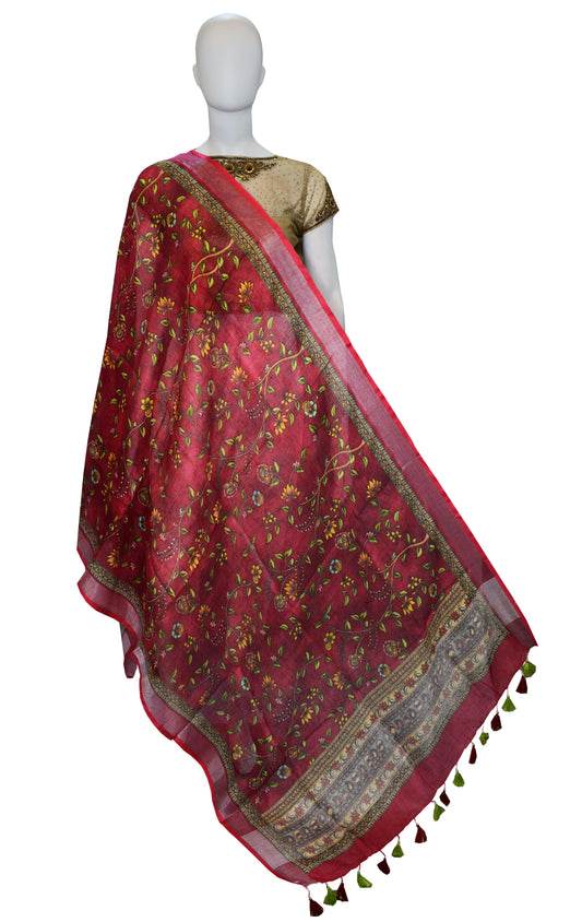 Red Linen Kalamkari Printed Dupatta For Women