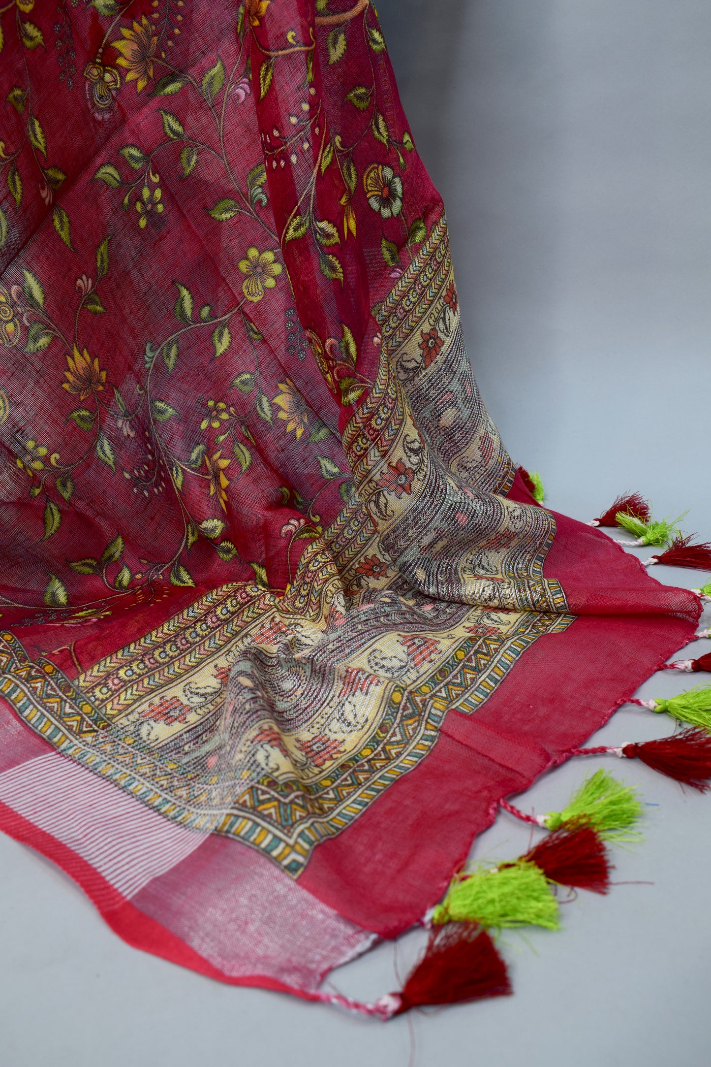 Red Linen Kalamkari Printed Dupatta For Women