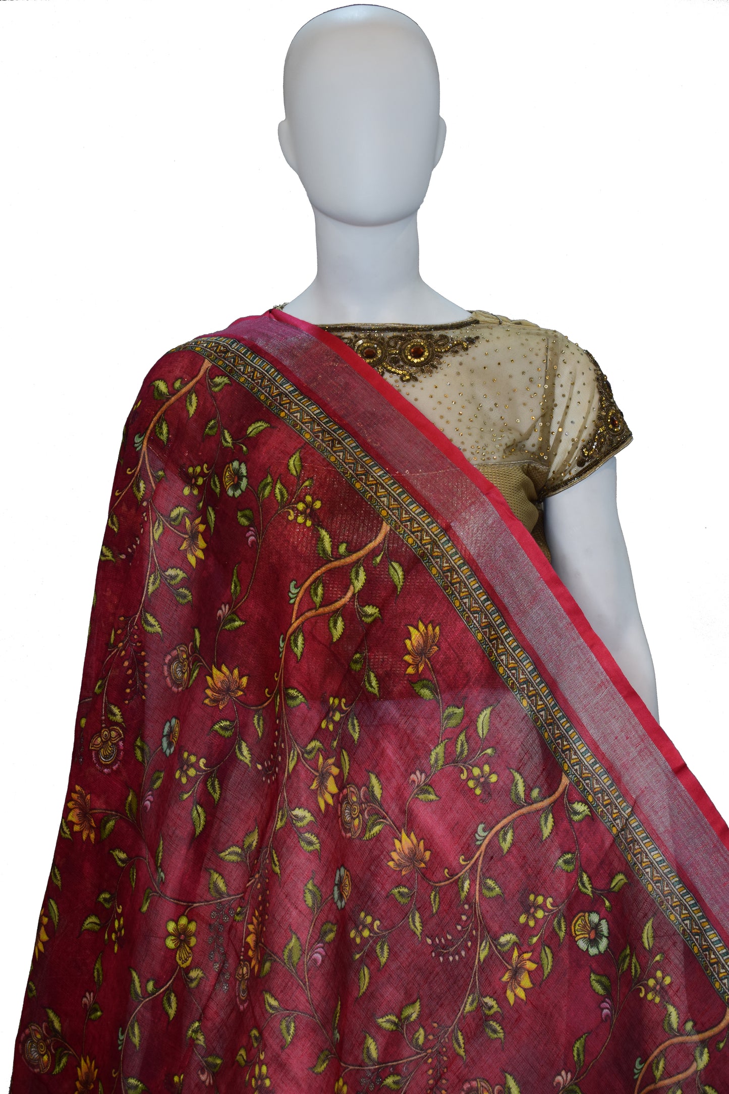 Red Linen Kalamkari Printed Dupatta For Women