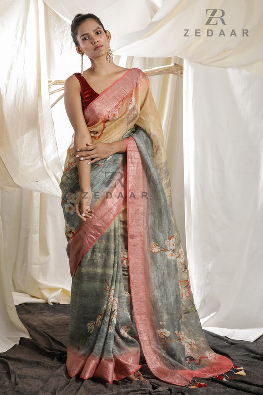 Silk Linen Printed Saree For Women