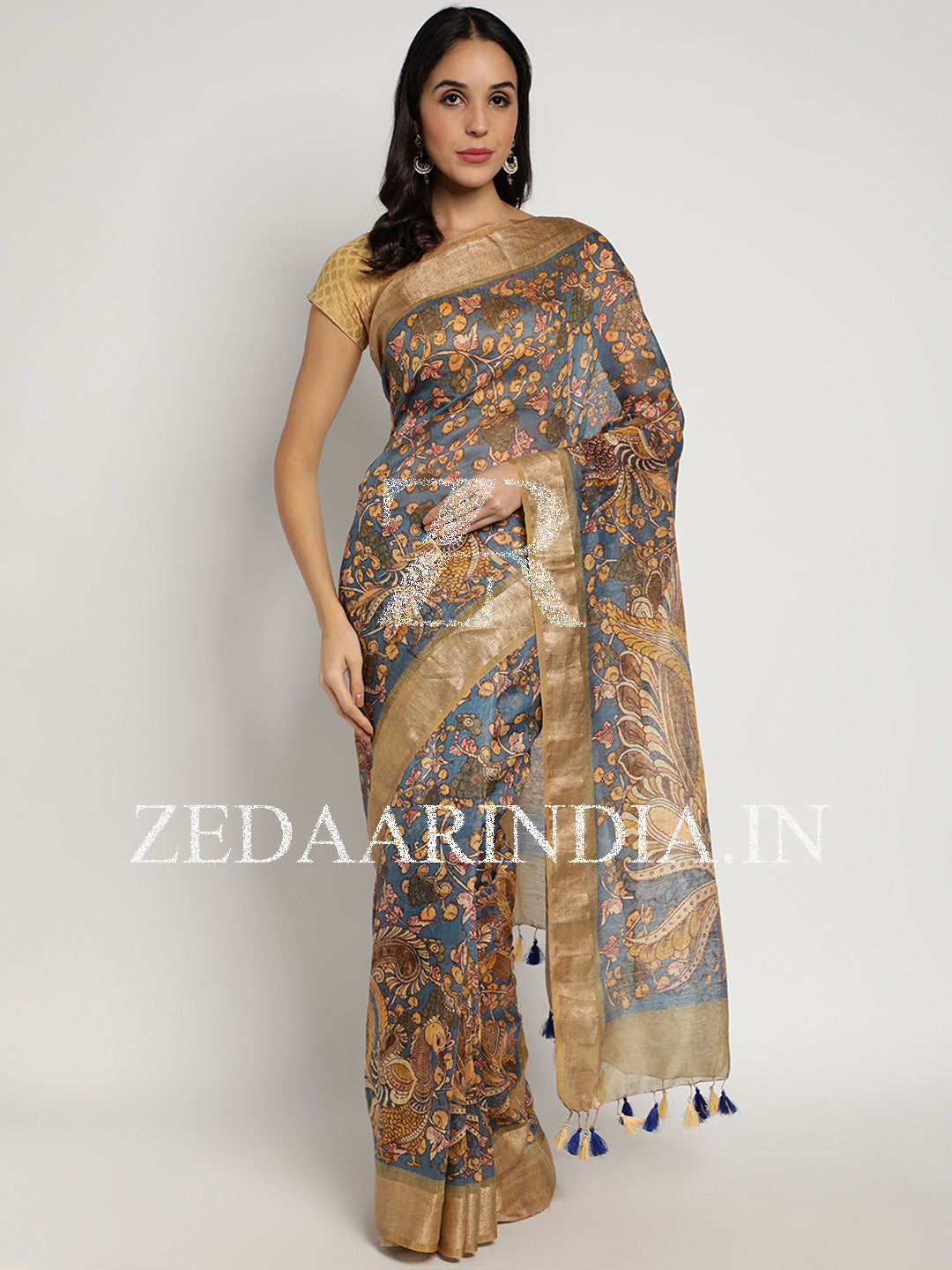 Digital Printed Premium Silk Linen Saree (Beige)