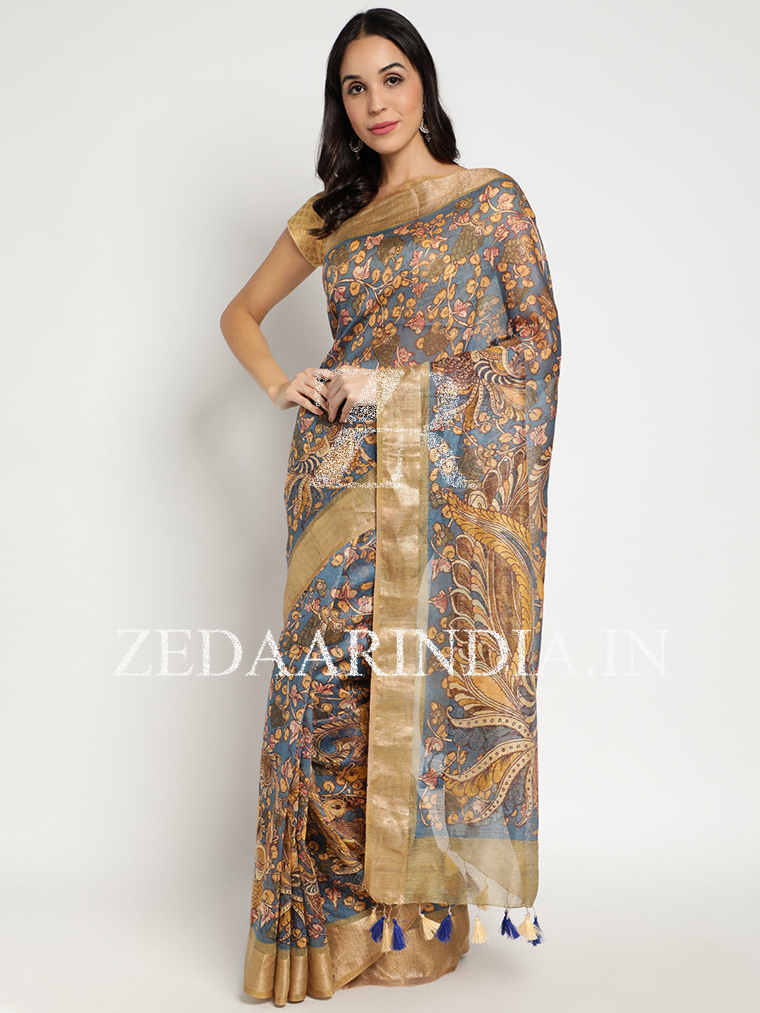 Digital Printed Premium Silk Linen Saree (Beige)