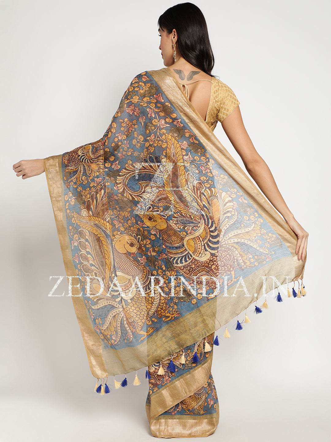 Digital Printed Premium Silk Linen Saree (Beige)