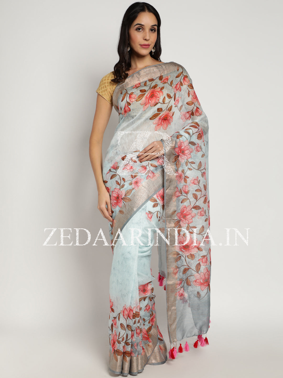 Digital Printed Premium Silk Linen Saree (Grey)