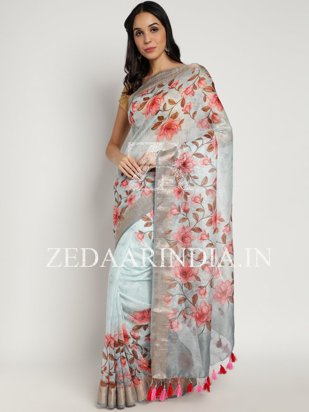 Digital Printed Premium Silk Linen Saree (Grey)