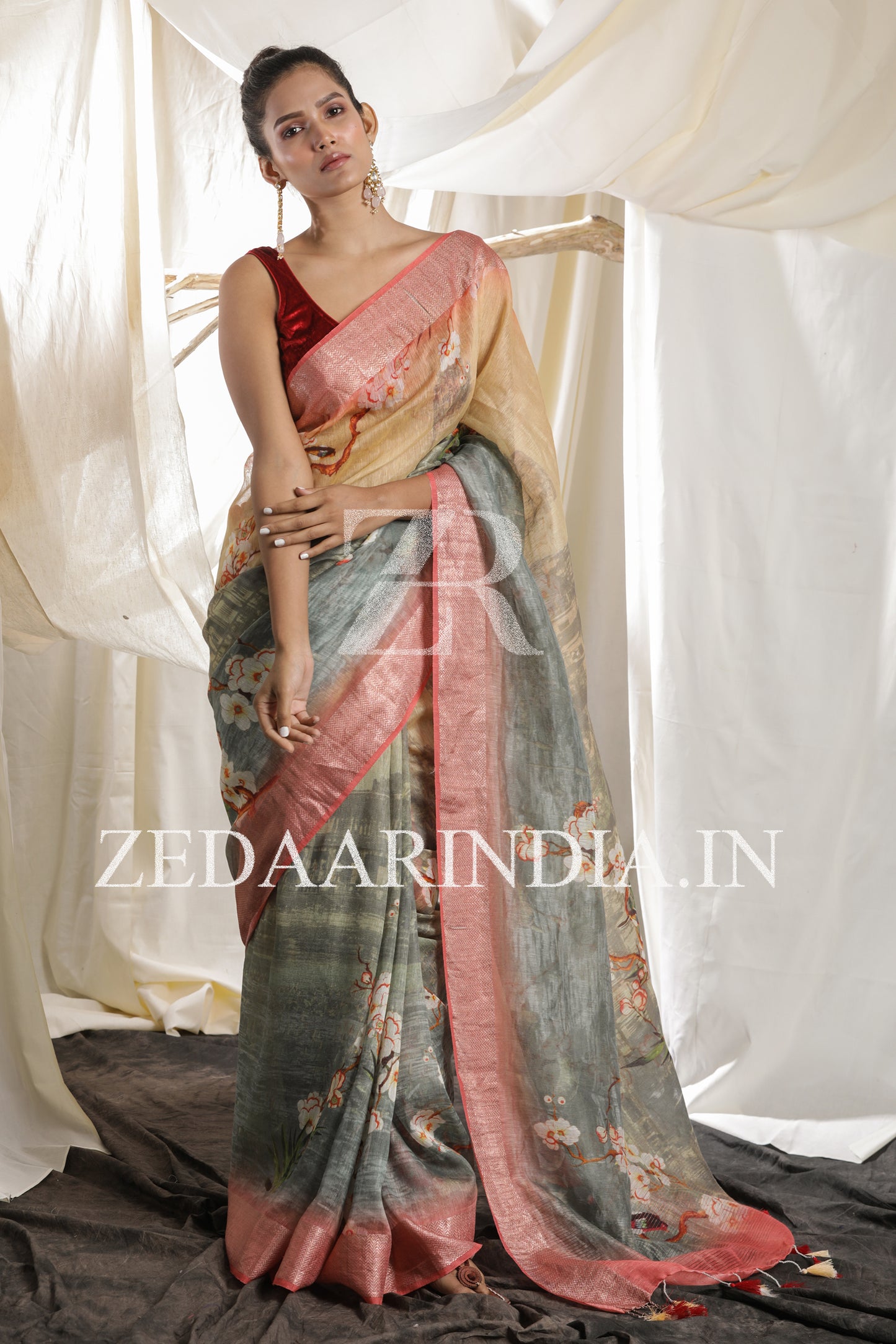 Digital Printed Premium Silk Linen Saree (Grey)