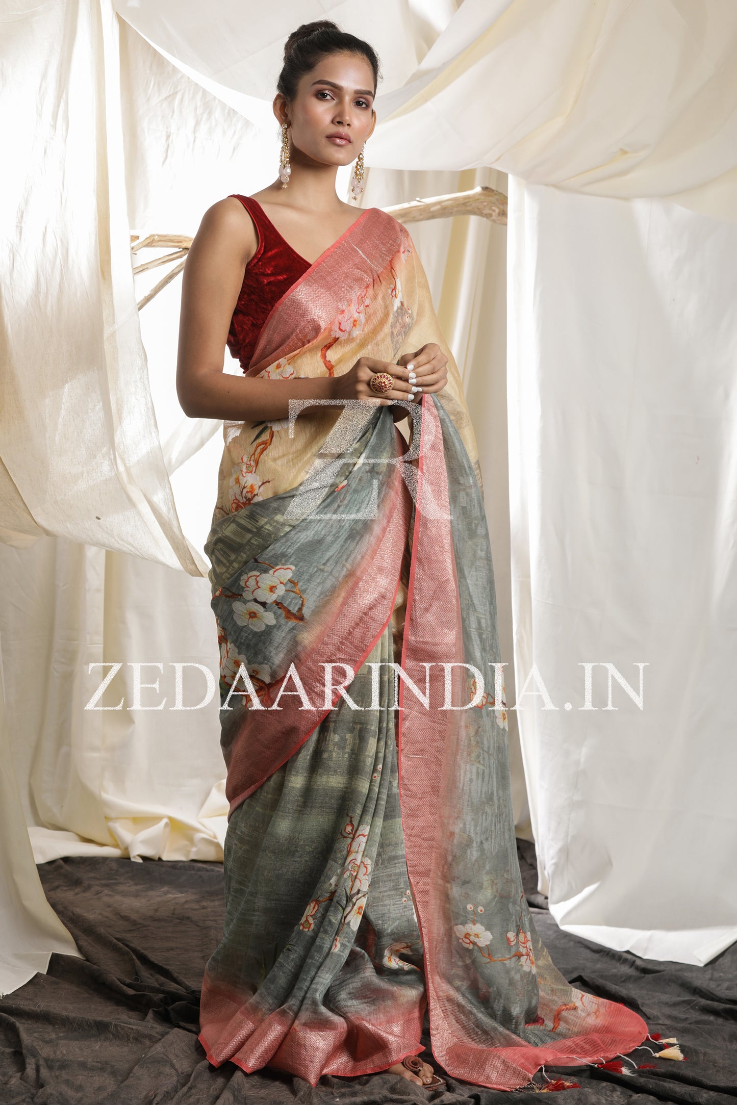 Digital Printed Premium Silk Linen Saree (Grey)