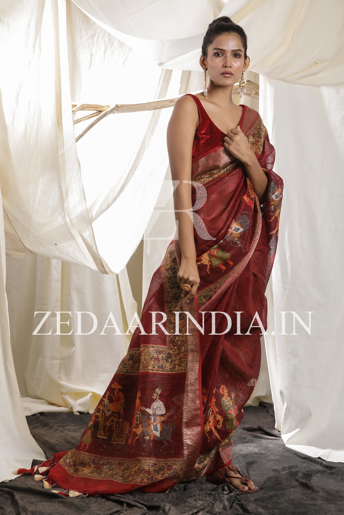 Digital Printed Premium Silk Linen Saree (Red)