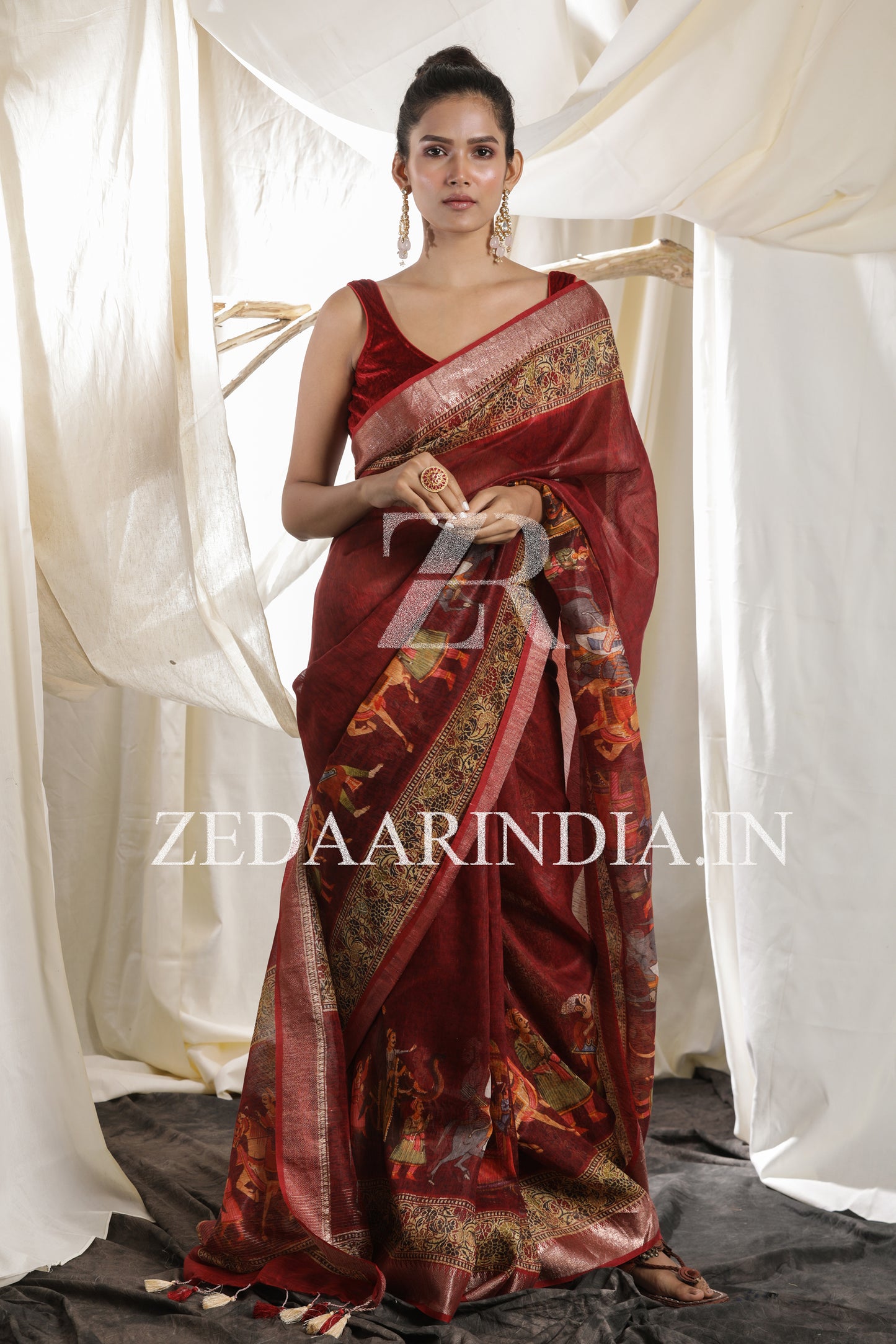 Digital Printed Premium Silk Linen Saree (Red)