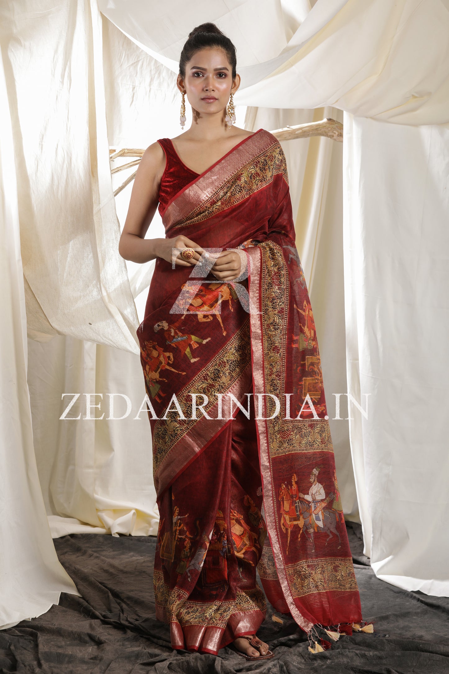 Digital Printed Premium Silk Linen Saree (Red)