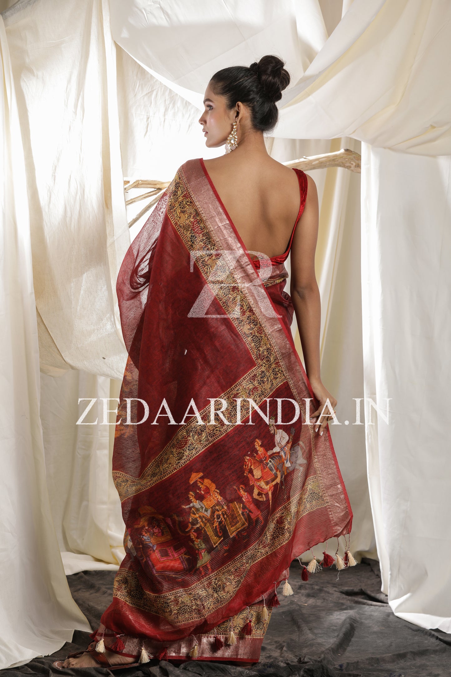 Digital Printed Premium Silk Linen Saree (Red)