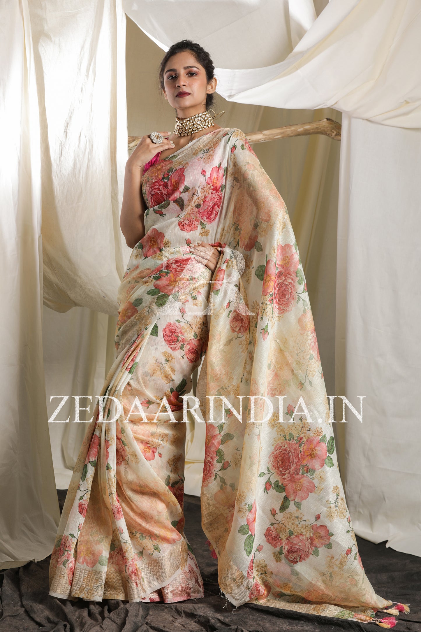 Digital Printed Premium Silk Linen Saree (Beige Pastel)