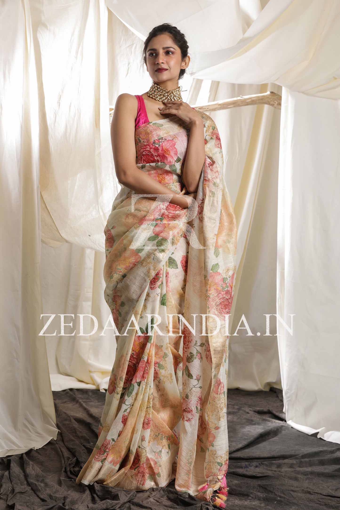 Digital Printed Premium Silk Linen Saree (Beige Pastel)