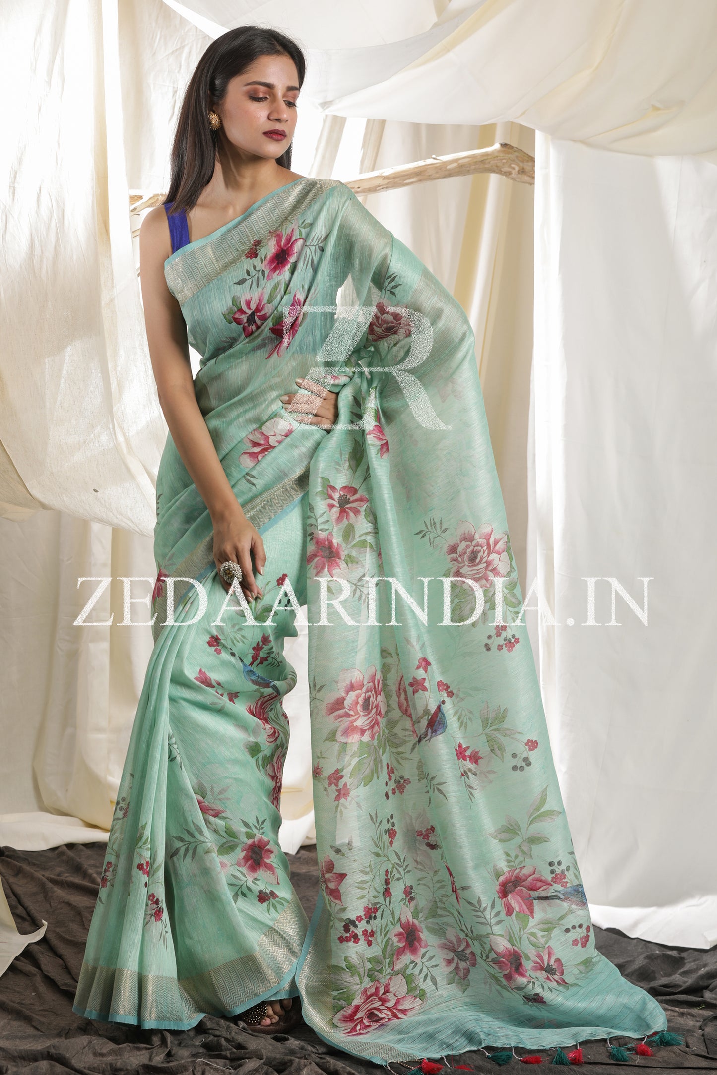 Digital Printed Premium Silk Linen Saree (Sea Green)