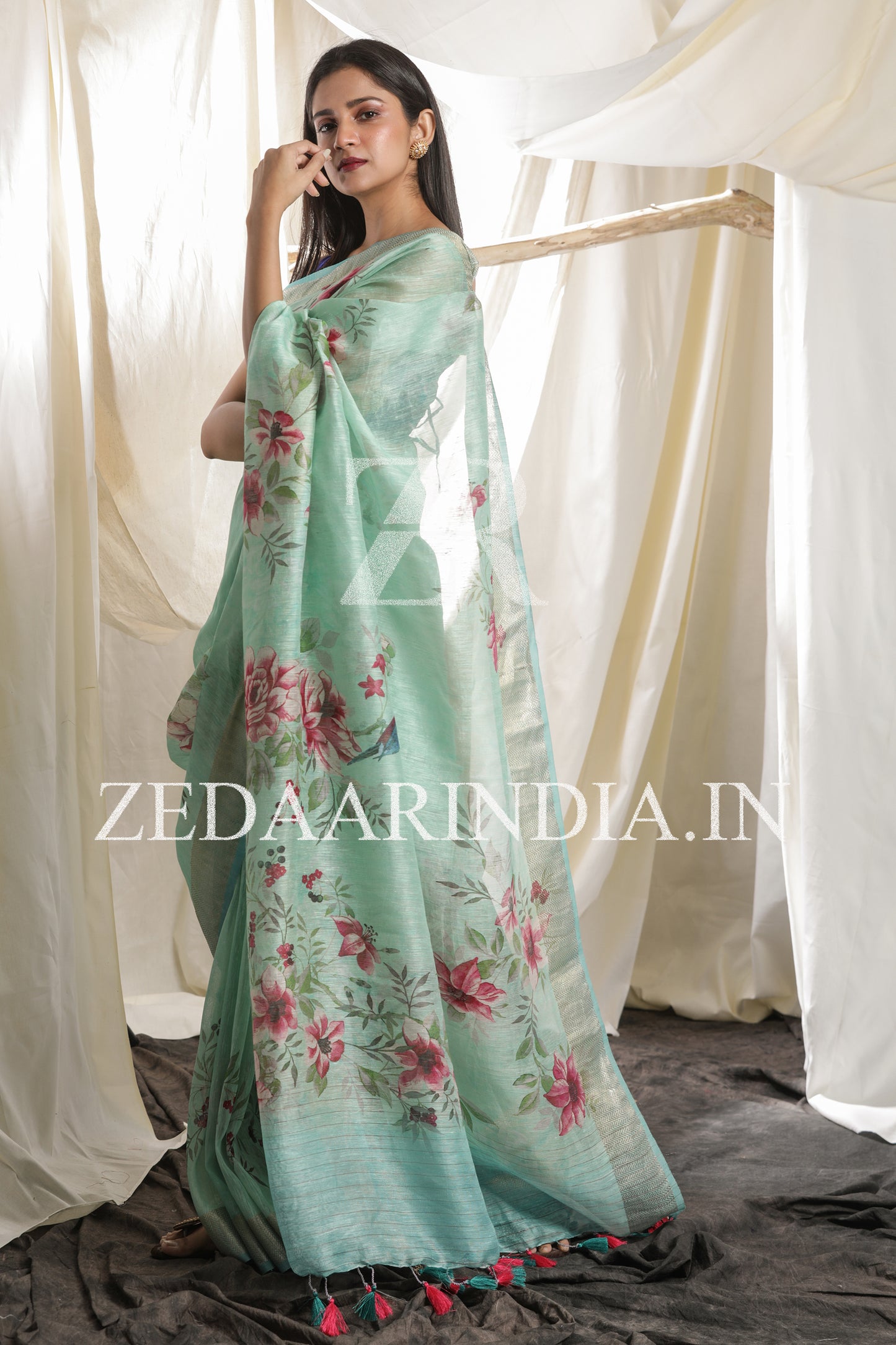 Digital Printed Premium Silk Linen Saree (Sea Green)