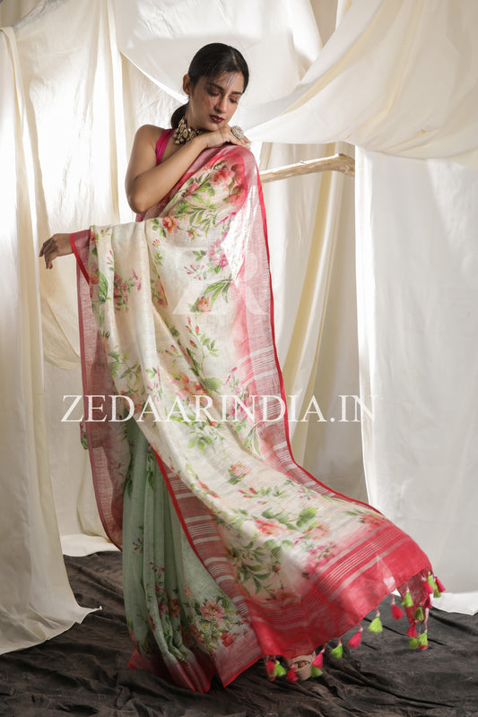 Digital Printed Premium Linen Saree (100% Linen)