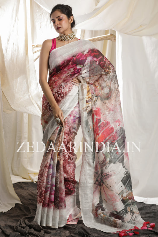 Digital Printed Premium Linen Saree (100% Linen)