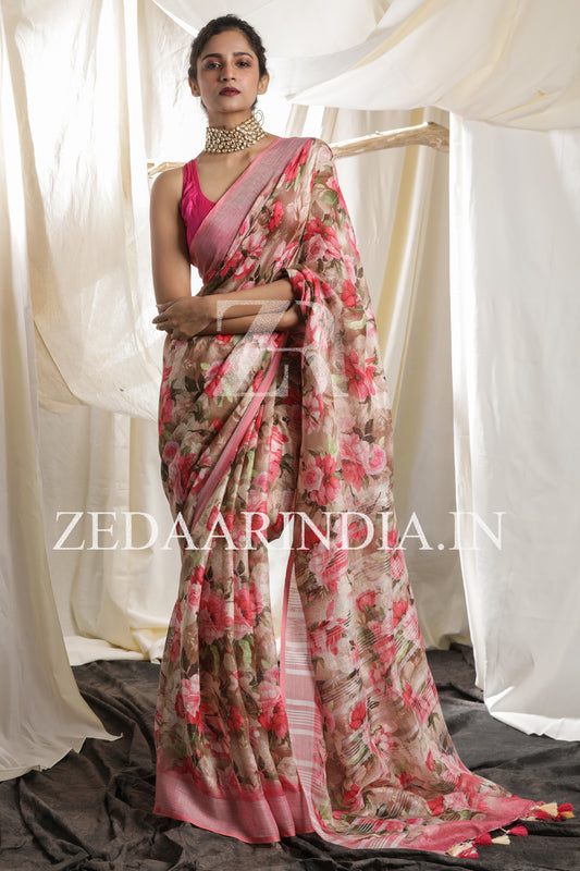 Digital Printed Premium Linen Saree (100% Linen)