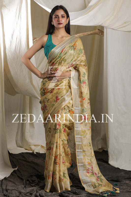 Digital Printed Premium Linen Saree (100% Linen)