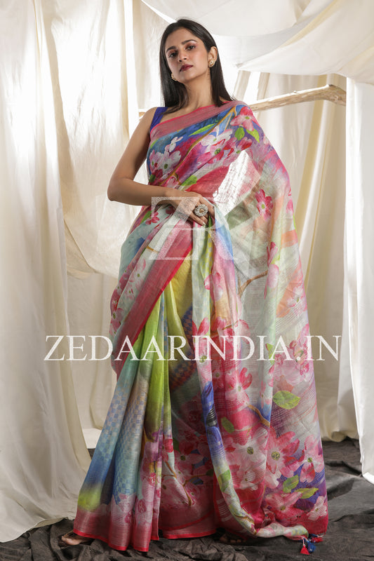 Digital Printed Premium Linen Saree (100% Linen)