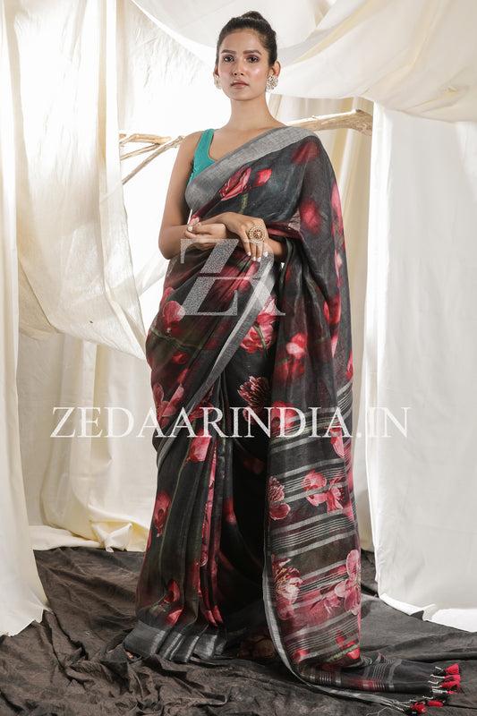 Digital Printed Premium Linen Saree (100% Linen)