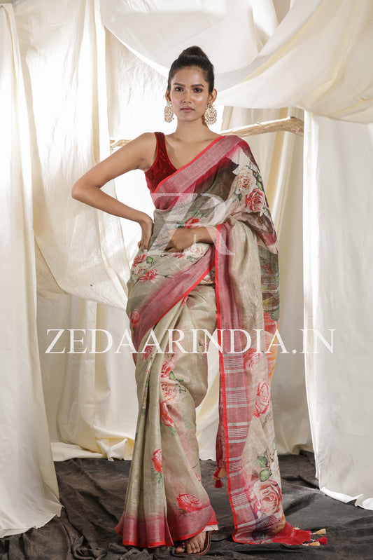 Digital Printed Premium Linen Saree (100% Linen)