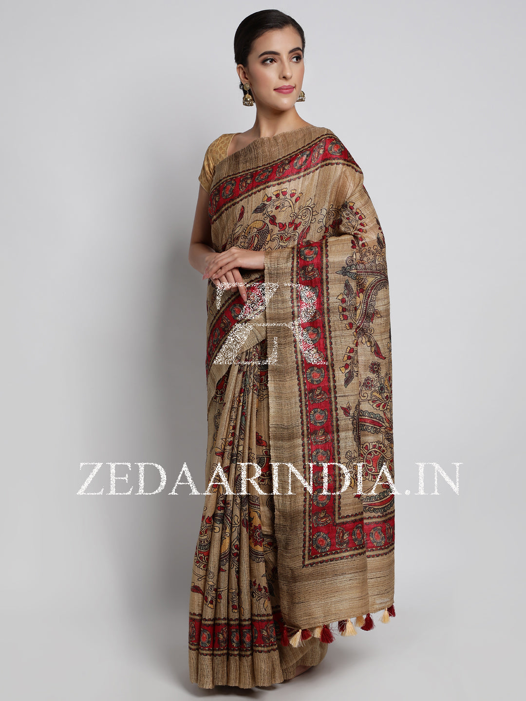 Beige Tassar Kalamkari Silk Handloom Saree With Unstitched Blouse (100% Silk)