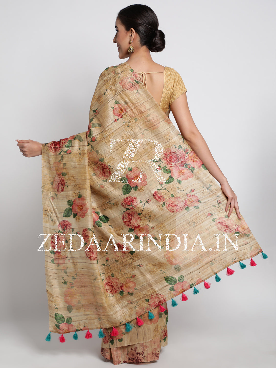 Beige Pastel Bhagalpuri Tassar Silk Handloom Saree With Unstitched Blouse (100% Silk)