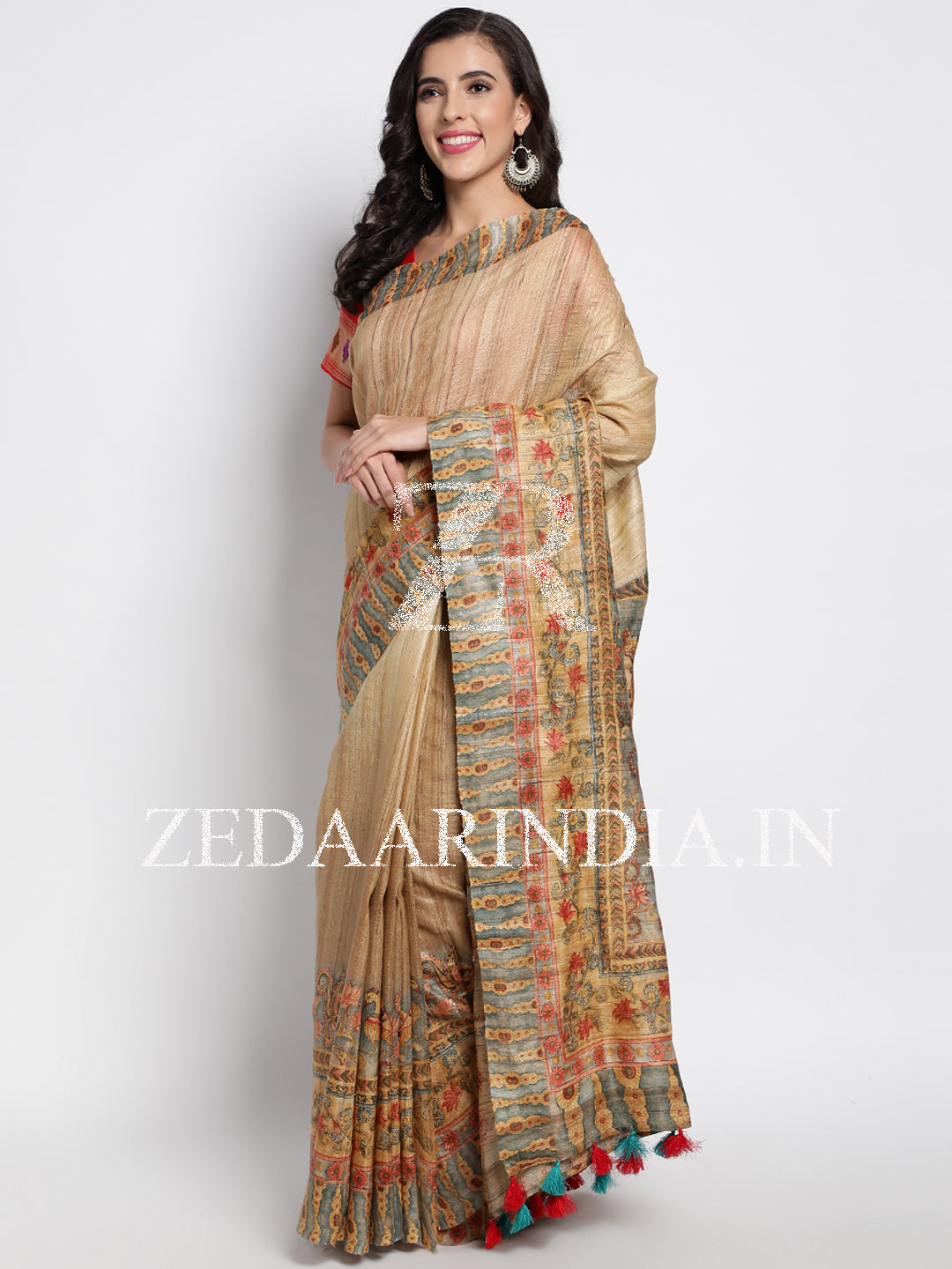 Beige Bhagalpur Tassar Silk Handloom Saree With Unstitched Blouse