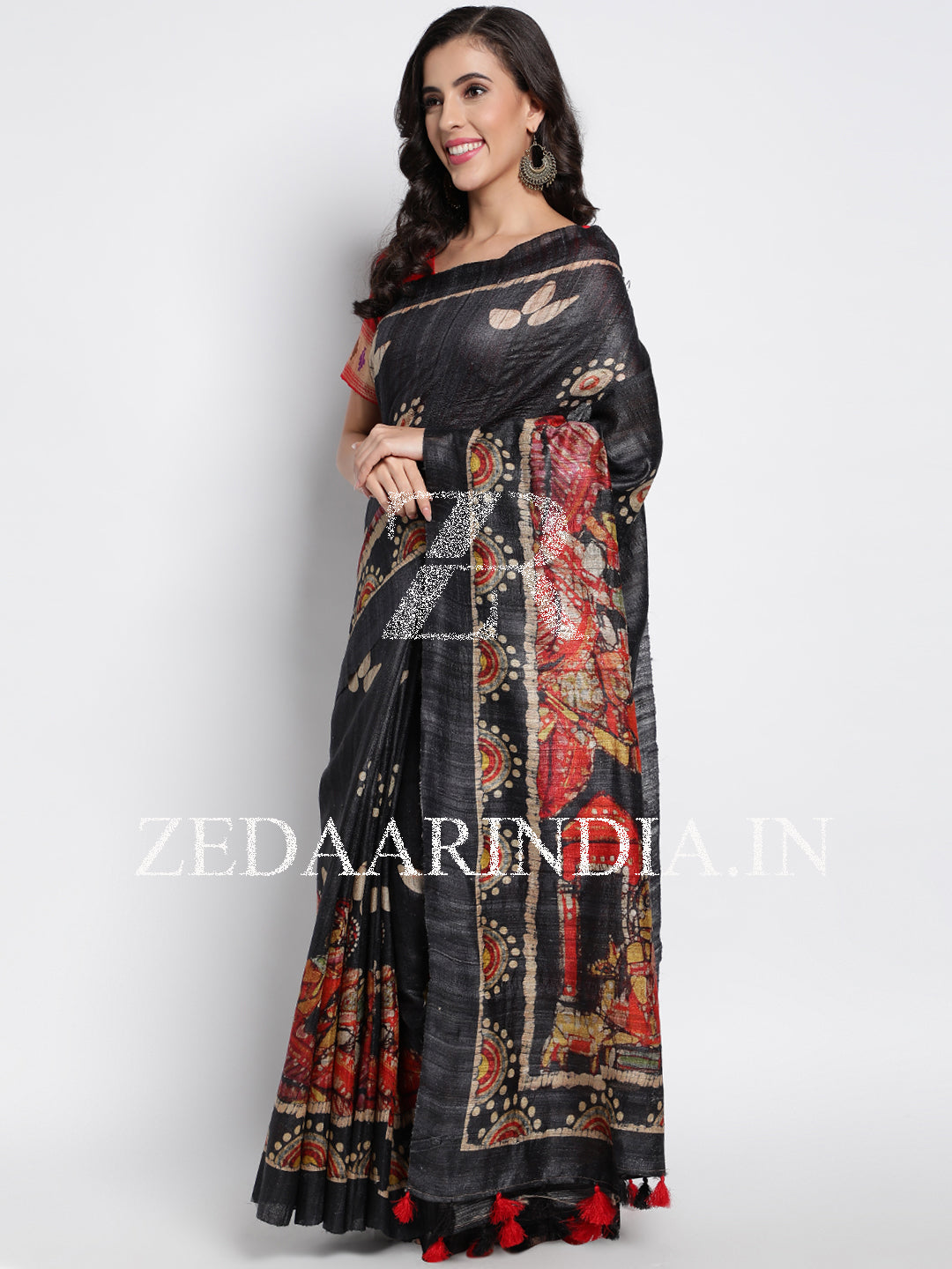 Black Batik Print Silk Handloom Saree With Unstitched Blouse (100% Silk)