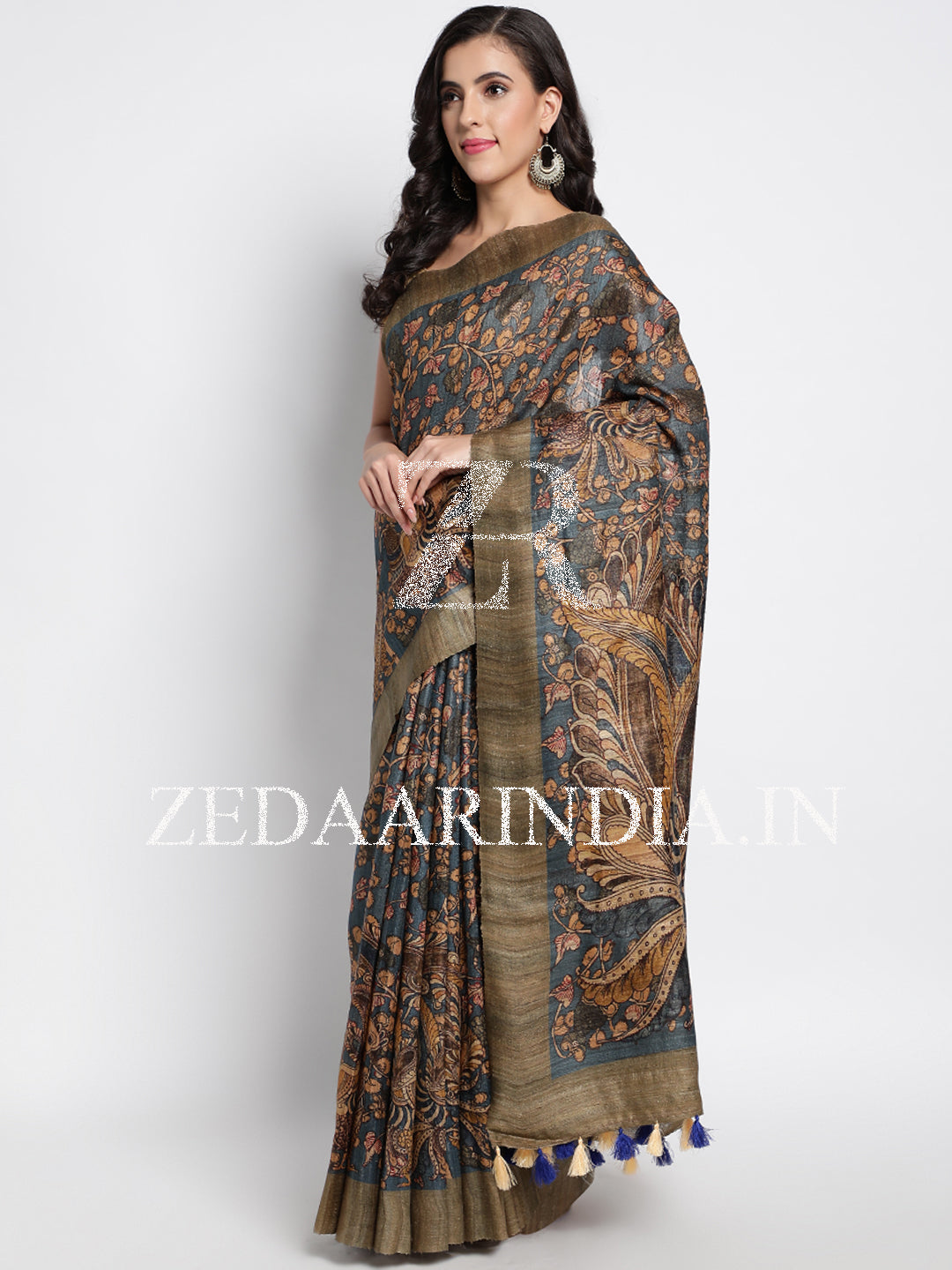 Blue Kalamkari Digital Printed Saree With Unstitched Blouse Piece (100% Silk)