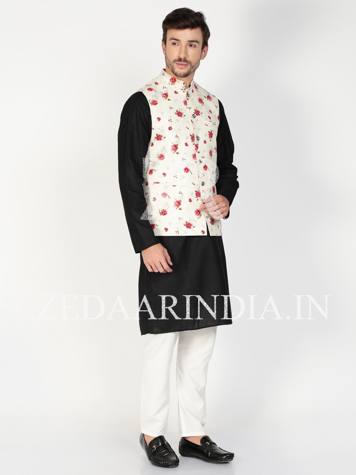 Men White Floral Prints Nehru Style Linen Waist Coat (Bandi)