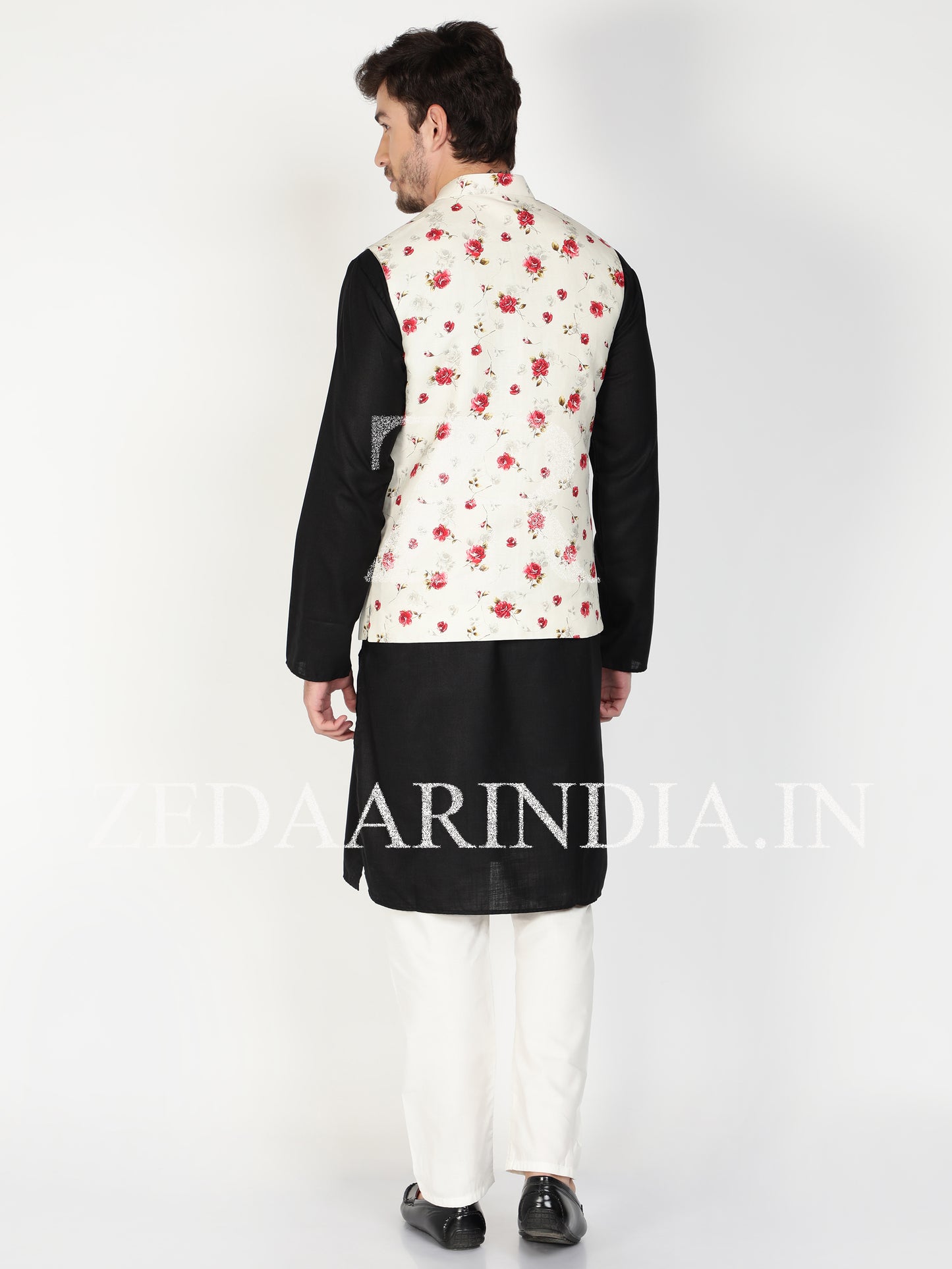 Men White Floral Prints Nehru Style Linen Waist Coat (Bandi)