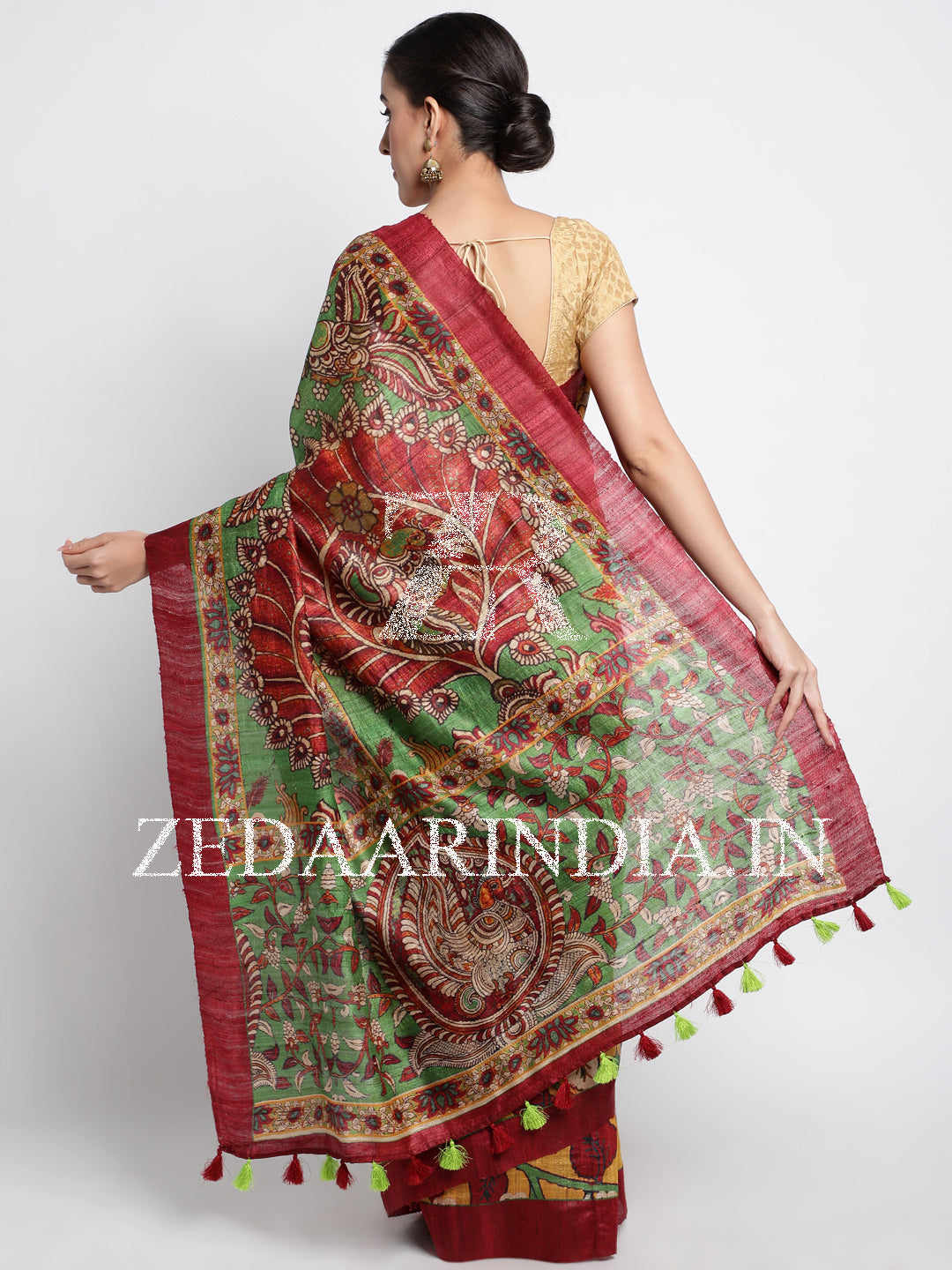 Multi-Color Handwoven Tassar Silk Handloom Saree With Unstitched Blouse (100% Silk)