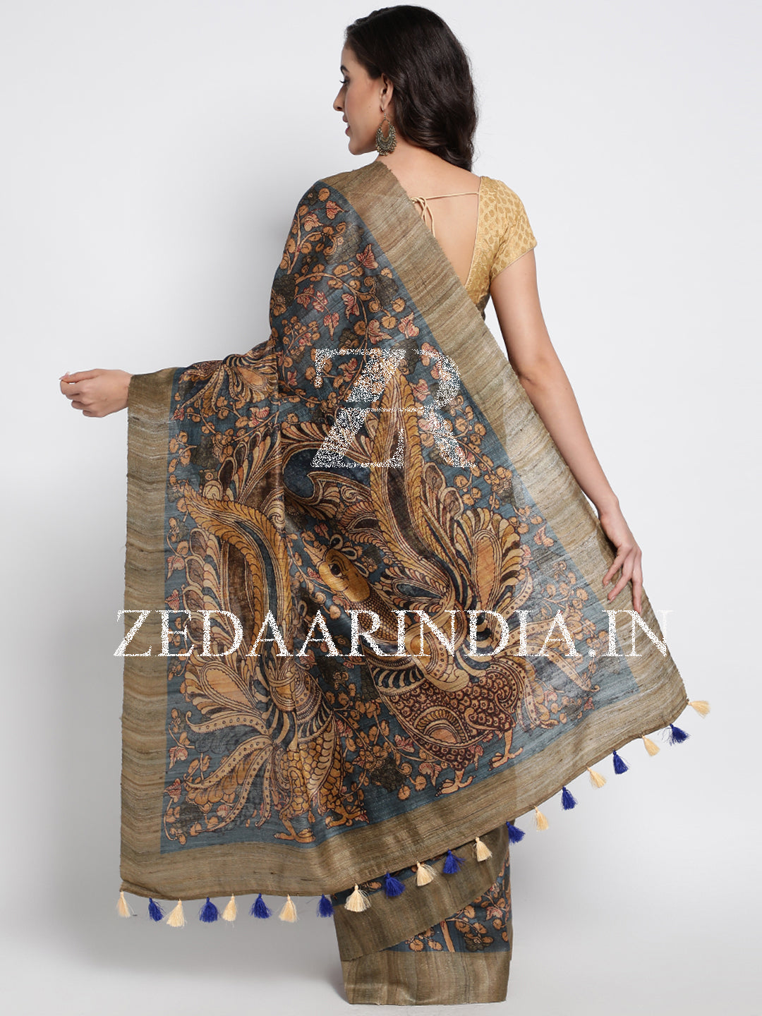 Blue Kalamkari Digital Printed Saree With Unstitched Blouse Piece (100% Silk)