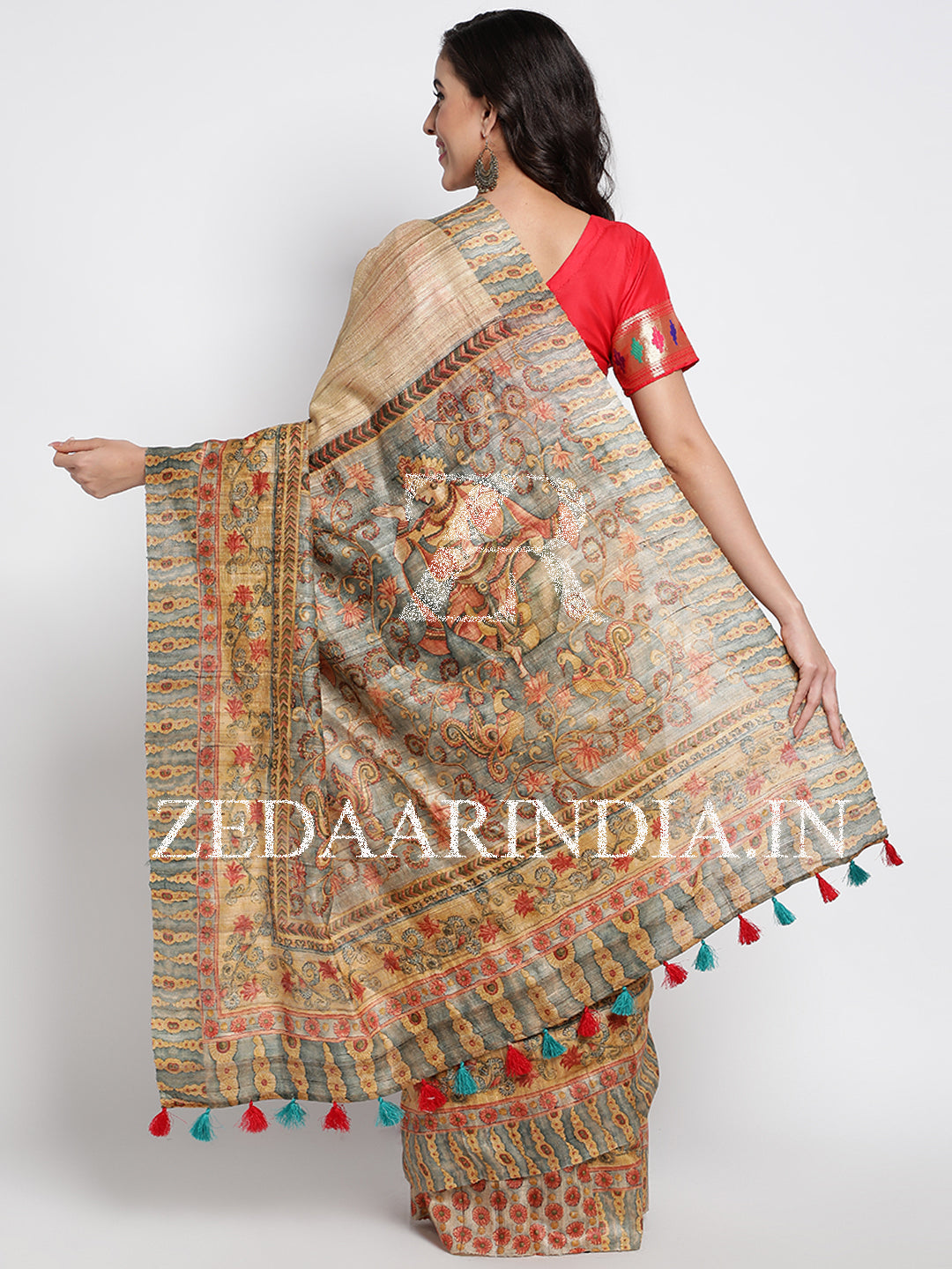 Beige Bhagalpur Tassar Silk Handloom Saree With Unstitched Blouse