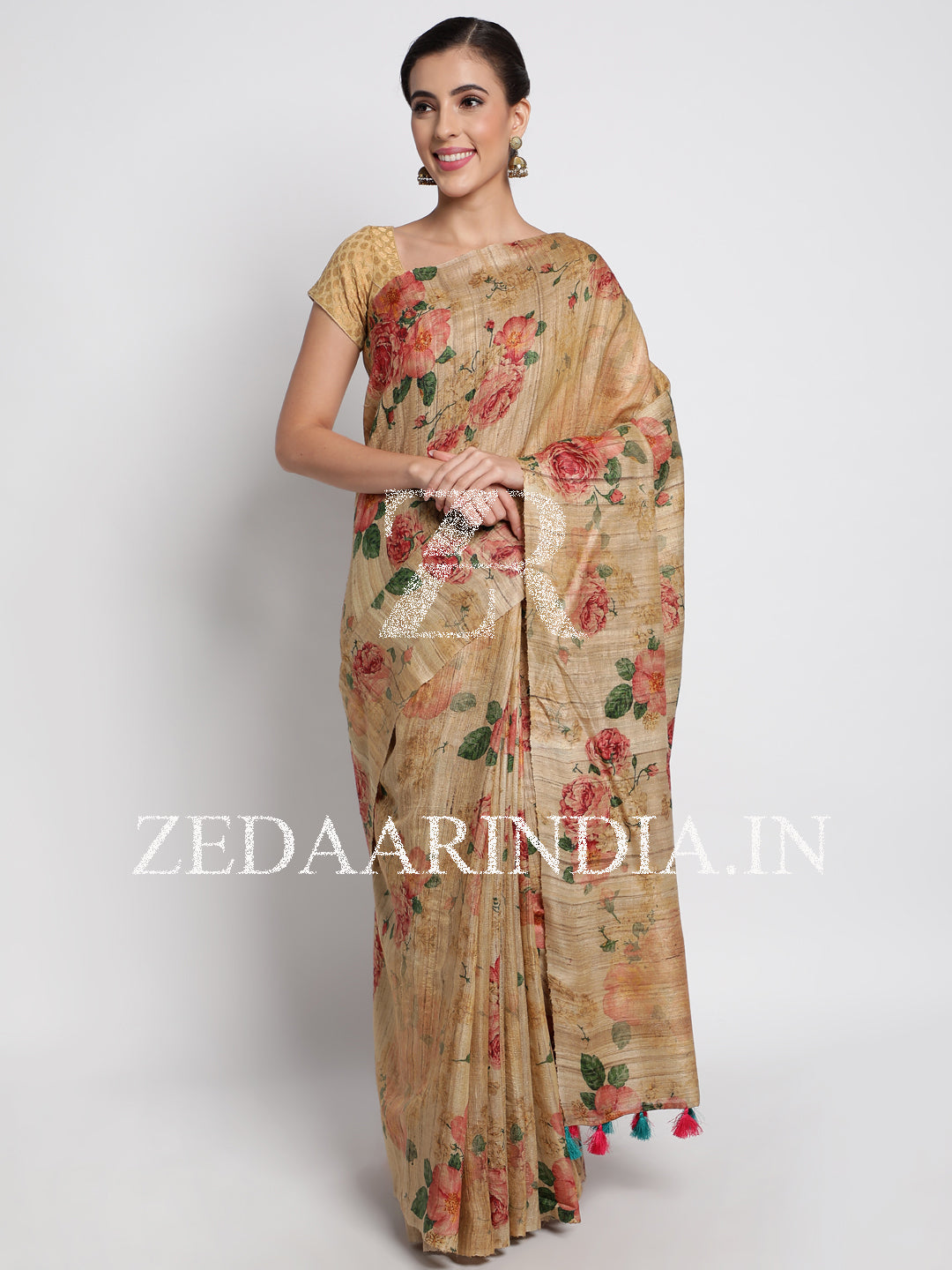 Beige Pastel Bhagalpuri Tassar Silk Handloom Saree With Unstitched Blouse (100% Silk)