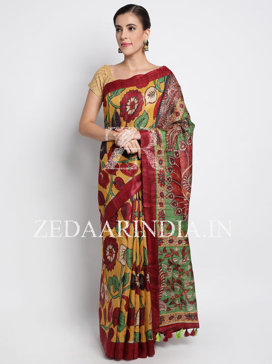 Multi-Color Handwoven Tassar Silk Handloom Saree With Unstitched Blouse (100% Silk)