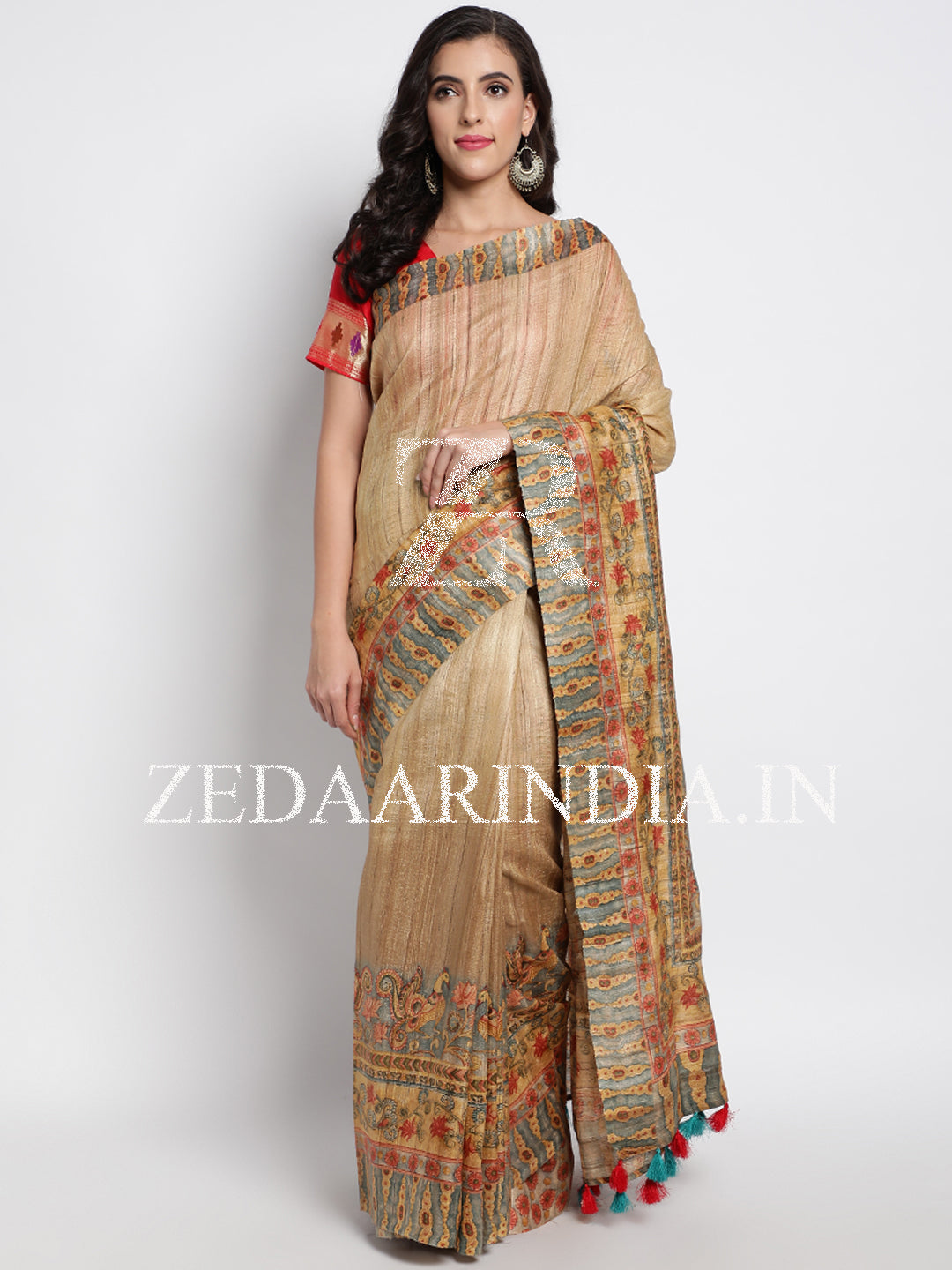 Beige Bhagalpur Tassar Silk Handloom Saree With Unstitched Blouse