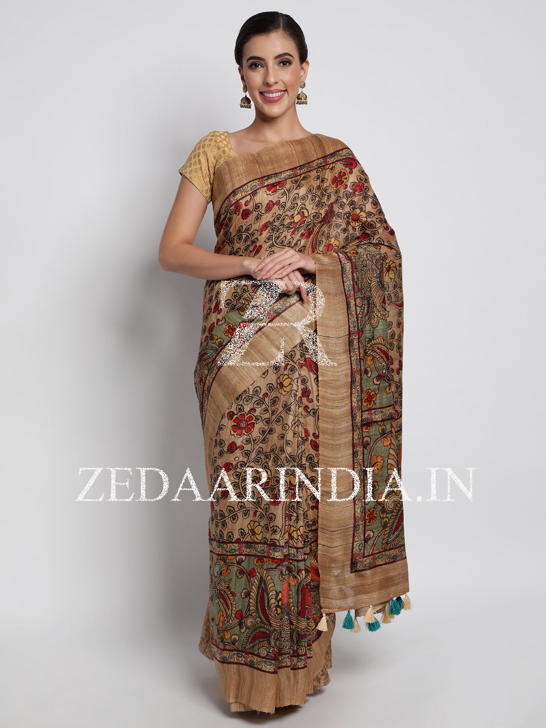 Khaki Bhagalpuri Tassar Silk Handloom Saree With Unstitched Blouse (100% Silk)