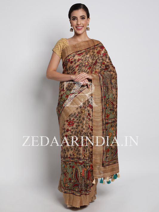 Khaki Bhagalpuri Tassar Silk Handloom Saree With Unstitched Blouse (100% Silk)