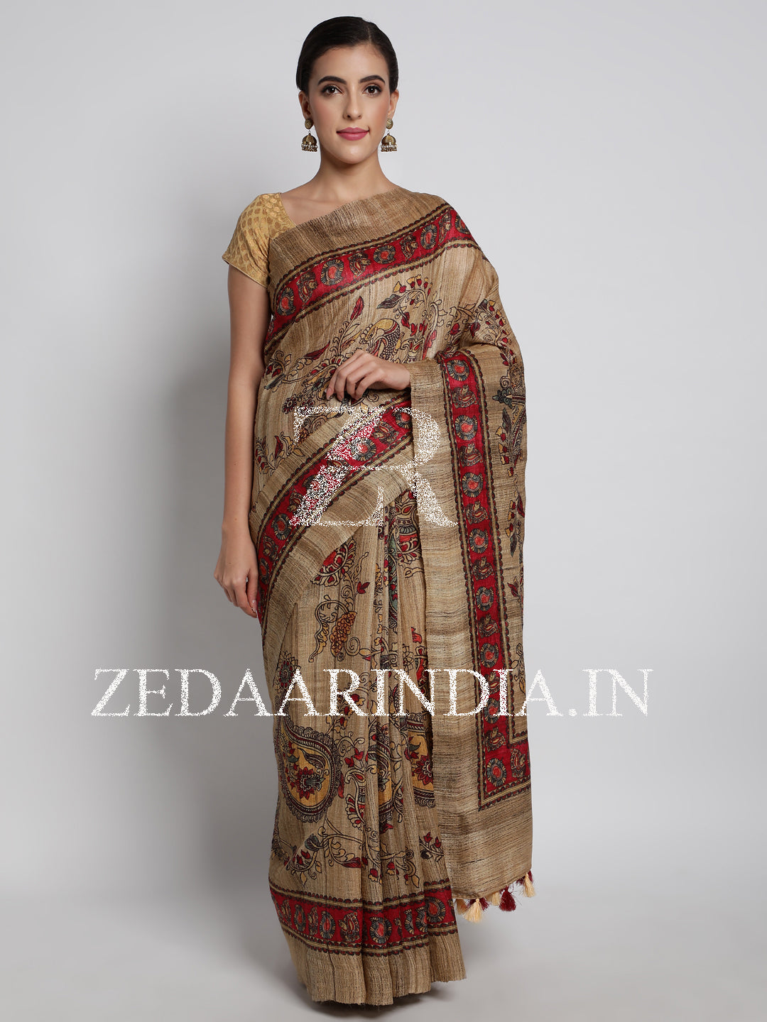 Beige Tassar Kalamkari Silk Handloom Saree With Unstitched Blouse (100% Silk)