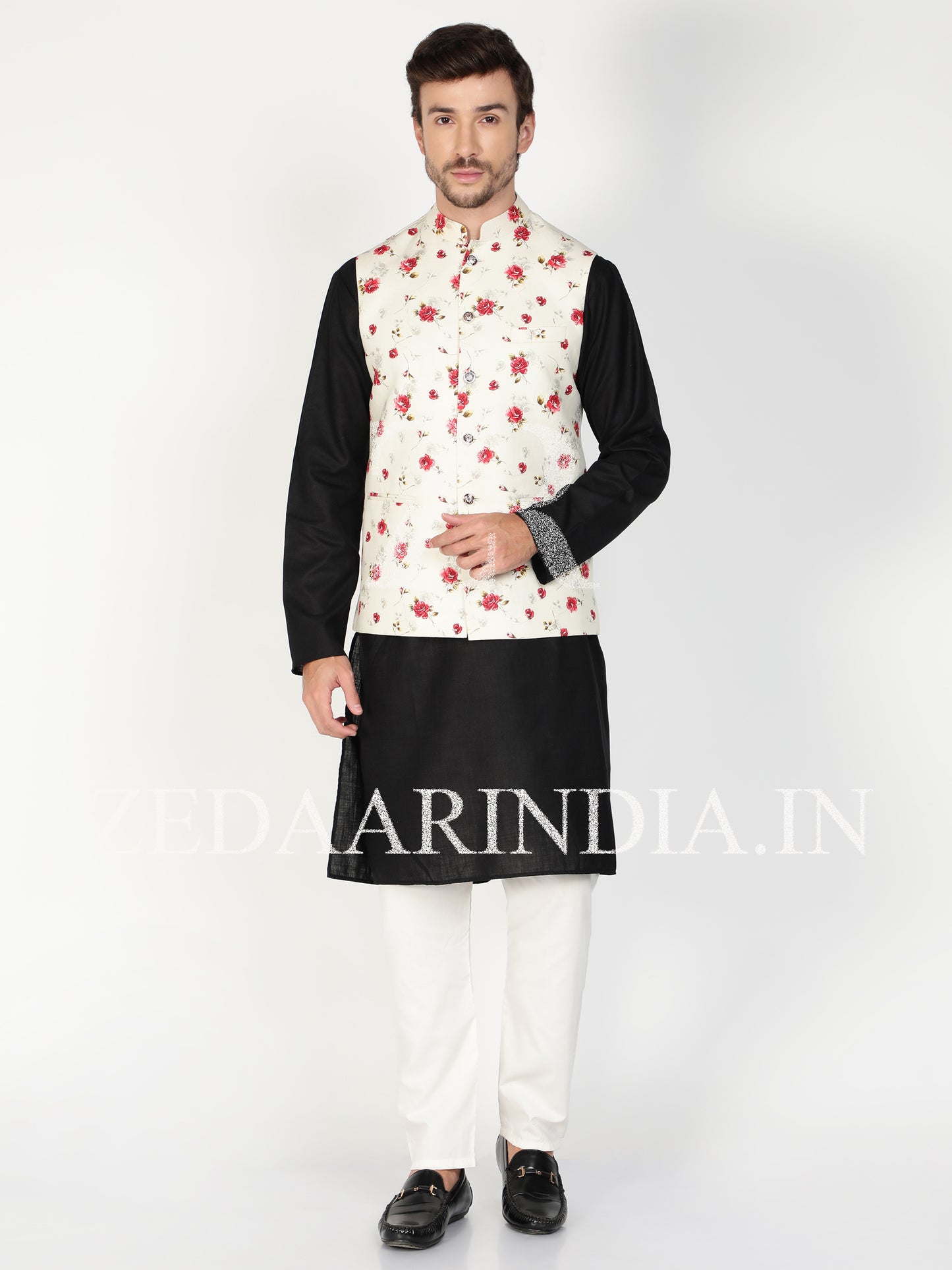 Men White Floral Prints Nehru Style Linen Waist Coat (Bandi)