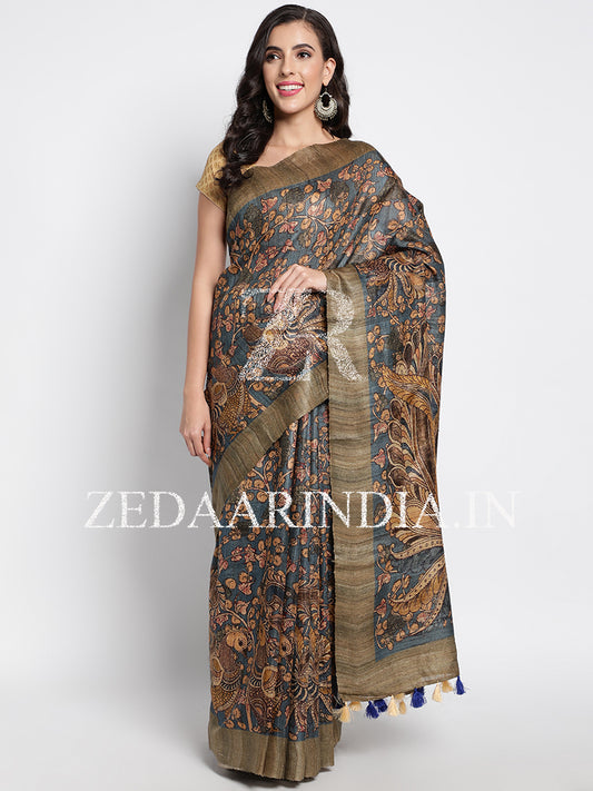 Blue Kalamkari Digital Printed Saree With Unstitched Blouse Piece (100% Silk)