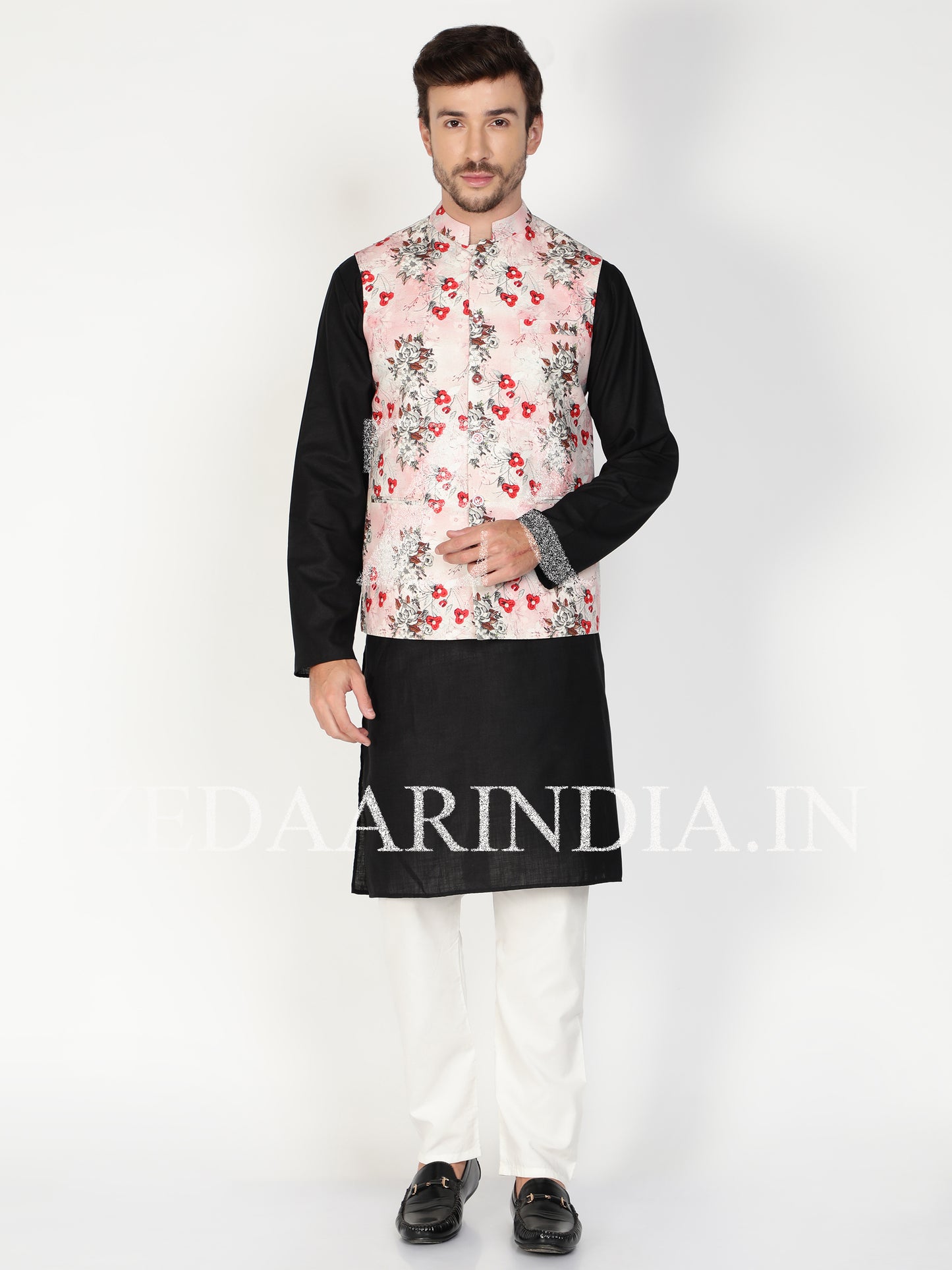 Men Pink Floral Prints Nehru Style Linen Waist Coat (Bandi)