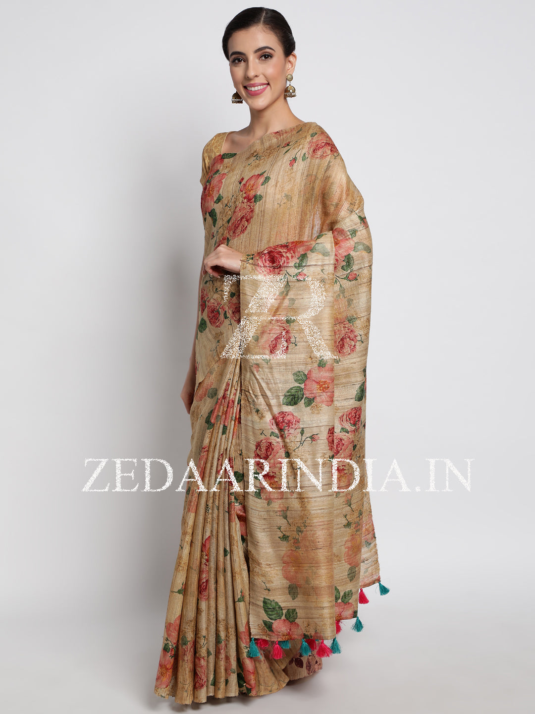 Beige Pastel Bhagalpuri Tassar Silk Handloom Saree With Unstitched Blouse (100% Silk)