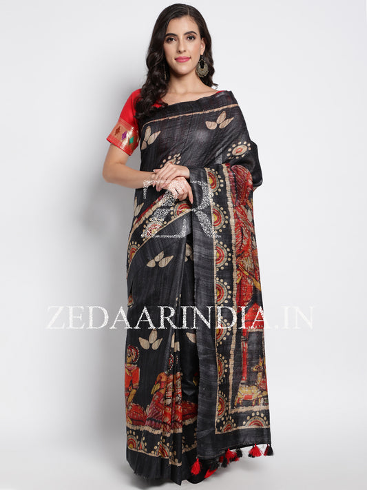 Black Batik Print Silk Handloom Saree With Unstitched Blouse (100% Silk)