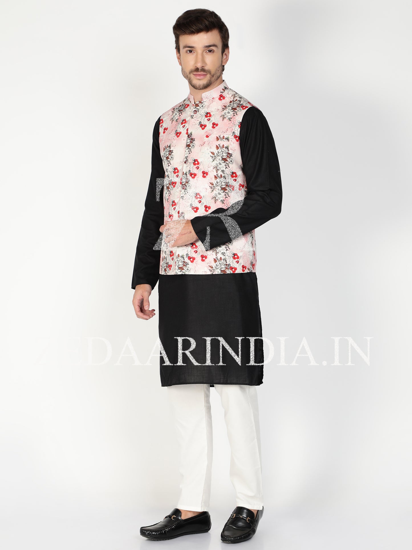 Men Pink Floral Prints Nehru Style Linen Waist Coat (Bandi)