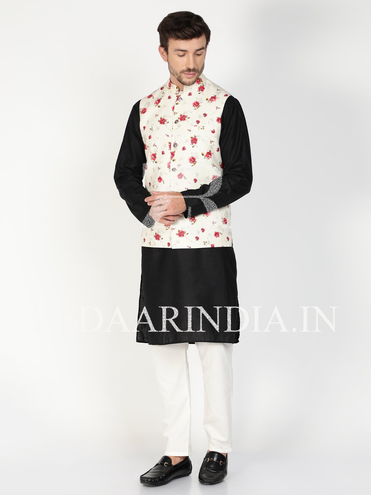 Men White Floral Prints Nehru Style Linen Waist Coat (Bandi)