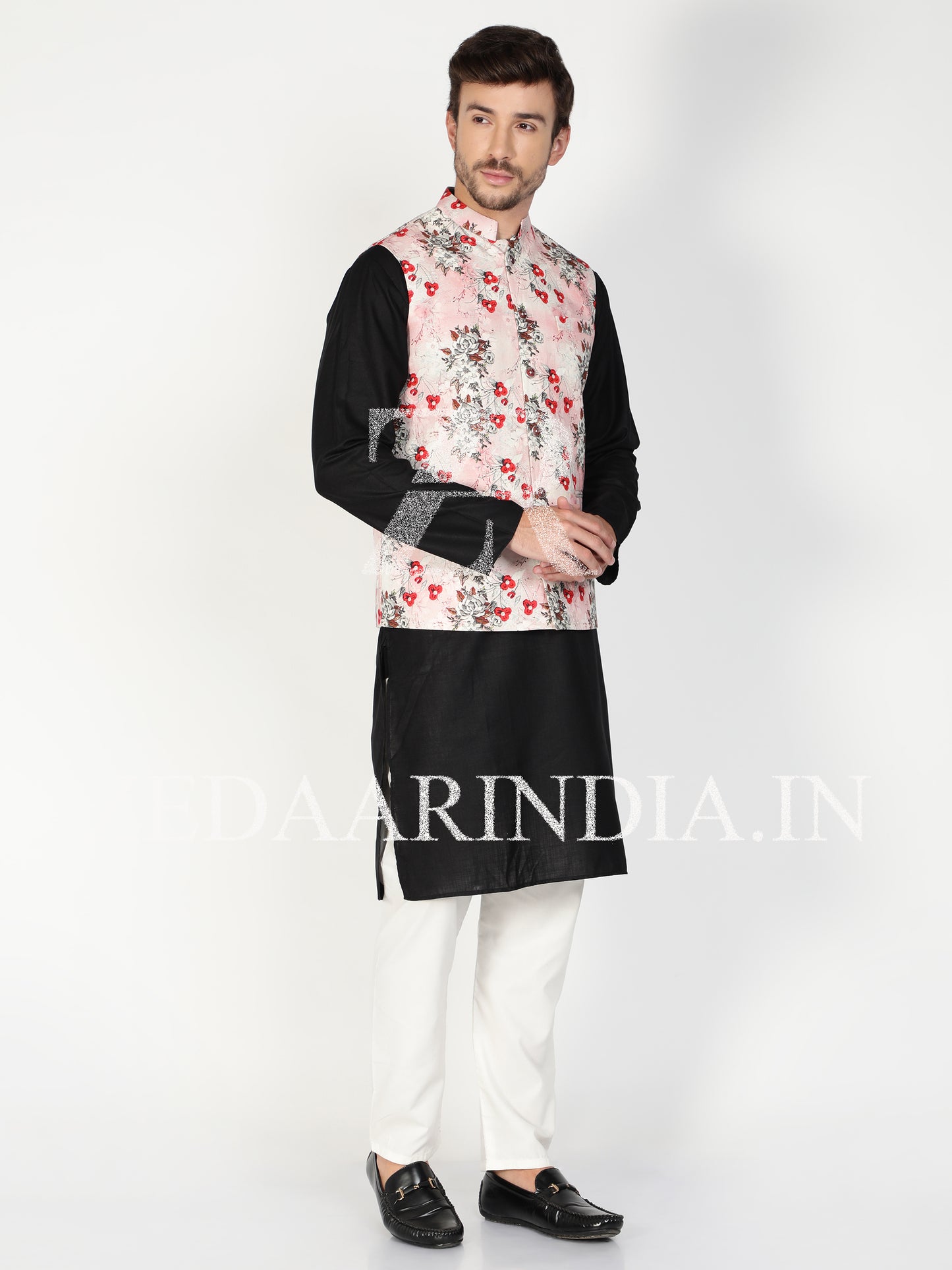 Men Pink Floral Prints Nehru Style Linen Waist Coat (Bandi)